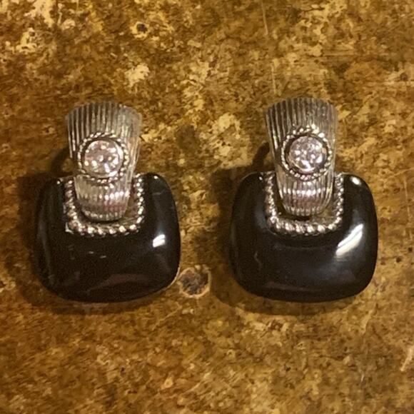 Judith Ripka Earrings Sterling Silver, CZ & Black Onyx Door Knockers Omega Backs - Picture 6 of 11